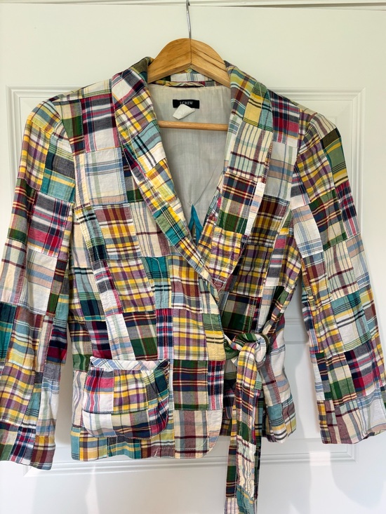 J. Crew Jackets & Blazers - J. Crew Sz 8 Cotton Cropped Madras Tie Jacket Blazer Preppy Coastal Style EUC